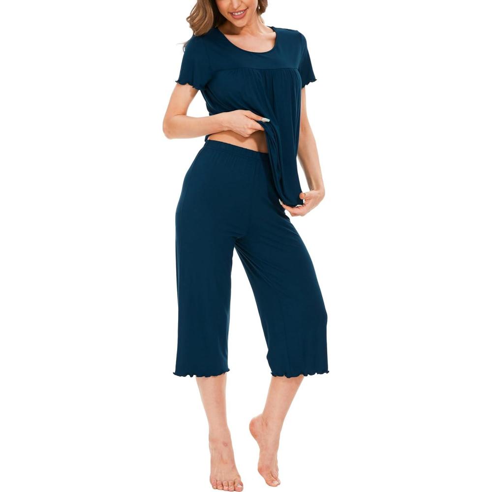 imageLazyCozy Bamboo Viscose Capri Pajamas for Women Cooling Summer Pajama Sets for Hot Sleeper Super Soft Pj SetC Ink Blue