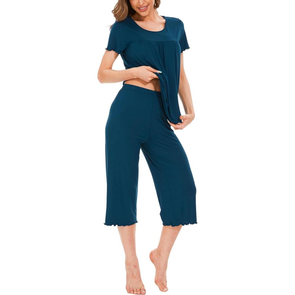 imageLazyCozy Bamboo Viscose Capri Pajamas for Women Cooling Summer Pajama Sets for Hot Sleeper Super Soft Pj SetC Peacock Blue