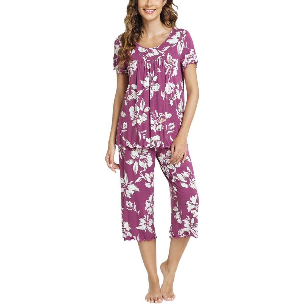 imageLazyCozy Bamboo Viscose Capri Pajamas for Women Cooling Summer Pajama Sets for Hot Sleeper Super Soft Pj SetC Purple