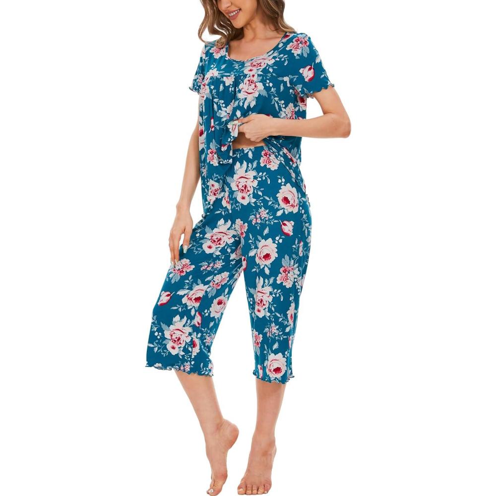 imageLazyCozy Bamboo Viscose Capri Pajamas for Women Cooling Summer Pajama Sets for Hot Sleeper Super Soft Pj SetC Teal Blue Flowers