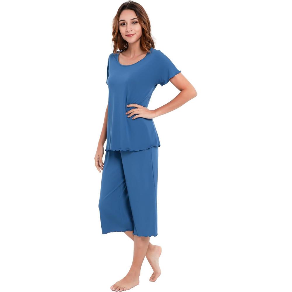 imageLazyCozy Bamboo Viscose Capri Pajamas for Women Cooling Summer Pajama Sets for Hot Sleeper Super Soft Pj SetPrussian Blue