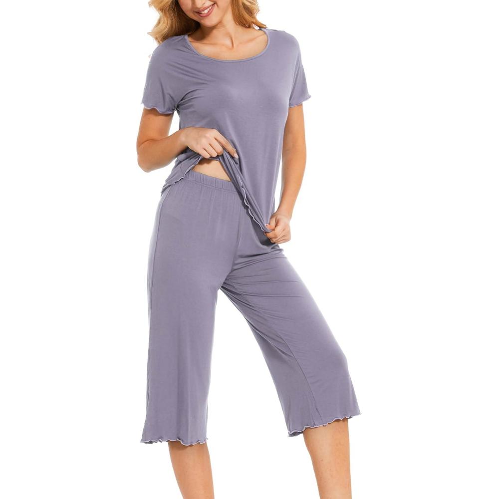 imageLazyCozy Bamboo Viscose Capri Pajamas for Women Cooling Summer Pajama Sets for Hot Sleeper Super Soft Pj SetViolet