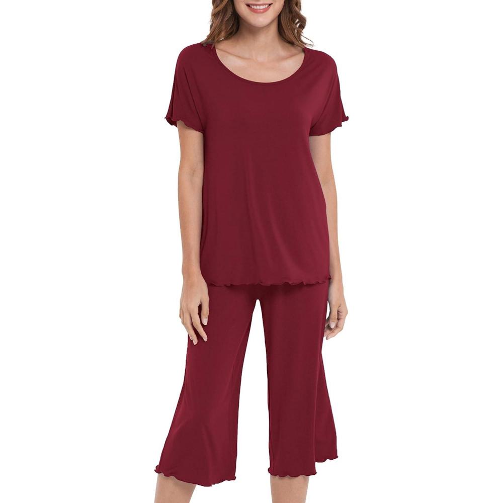 imageLazyCozy Bamboo Viscose Capri Pajamas for Women Cooling Summer Pajama Sets for Hot Sleeper Super Soft Pj SetWine