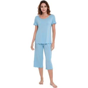 LazyCozy Bamboo Viscose Capri Pajamas for Women Cooling Summer Pajama Sets for Hot Sleeper Super Soft Pj Set(Azure)