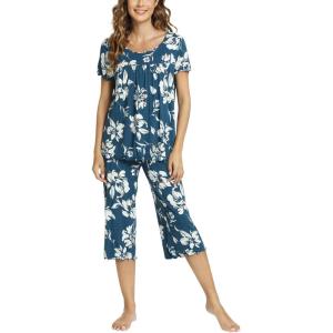 LazyCozy Bamboo Viscose Capri Pajamas for Women Cooling Summer Pajama Sets for Hot Sleeper Super Soft Pj Set(C – Ink Blue Flowers)