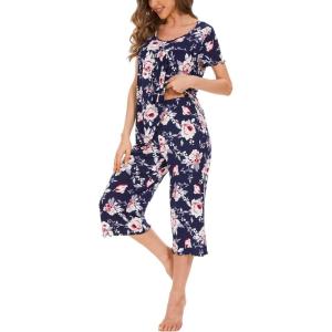 LazyCozy Bamboo Viscose Capri Pajamas for Women Cooling Summer Pajama Sets for Hot Sleeper Super Soft Pj Set(C – Navy Peony)