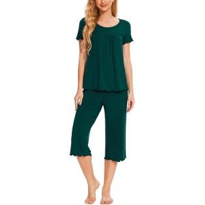 LazyCozy Bamboo Viscose Capri Pajamas for Women Cooling Summer Pajama Sets for Hot Sleeper Super Soft Pj Set(C – Peacock Green)