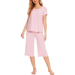 LazyCozy Bamboo Viscose Capri Pajamas for Women Cooling Summer Pajama Sets for Hot Sleeper Super Soft Pj Set(C – Pink)
