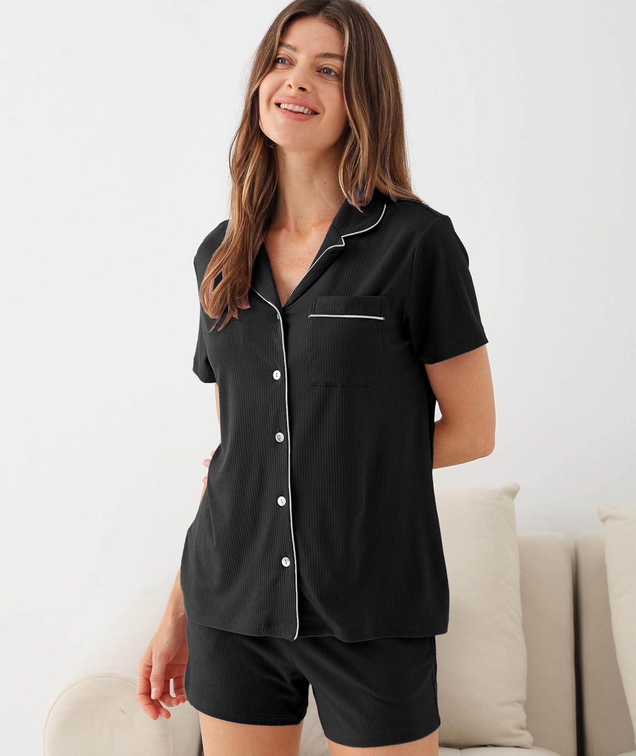 imageGYS Womens Bamboo Viscose Pajama Set Summer Cooling Short Sleeve Button Down PJS SleepwearBlack