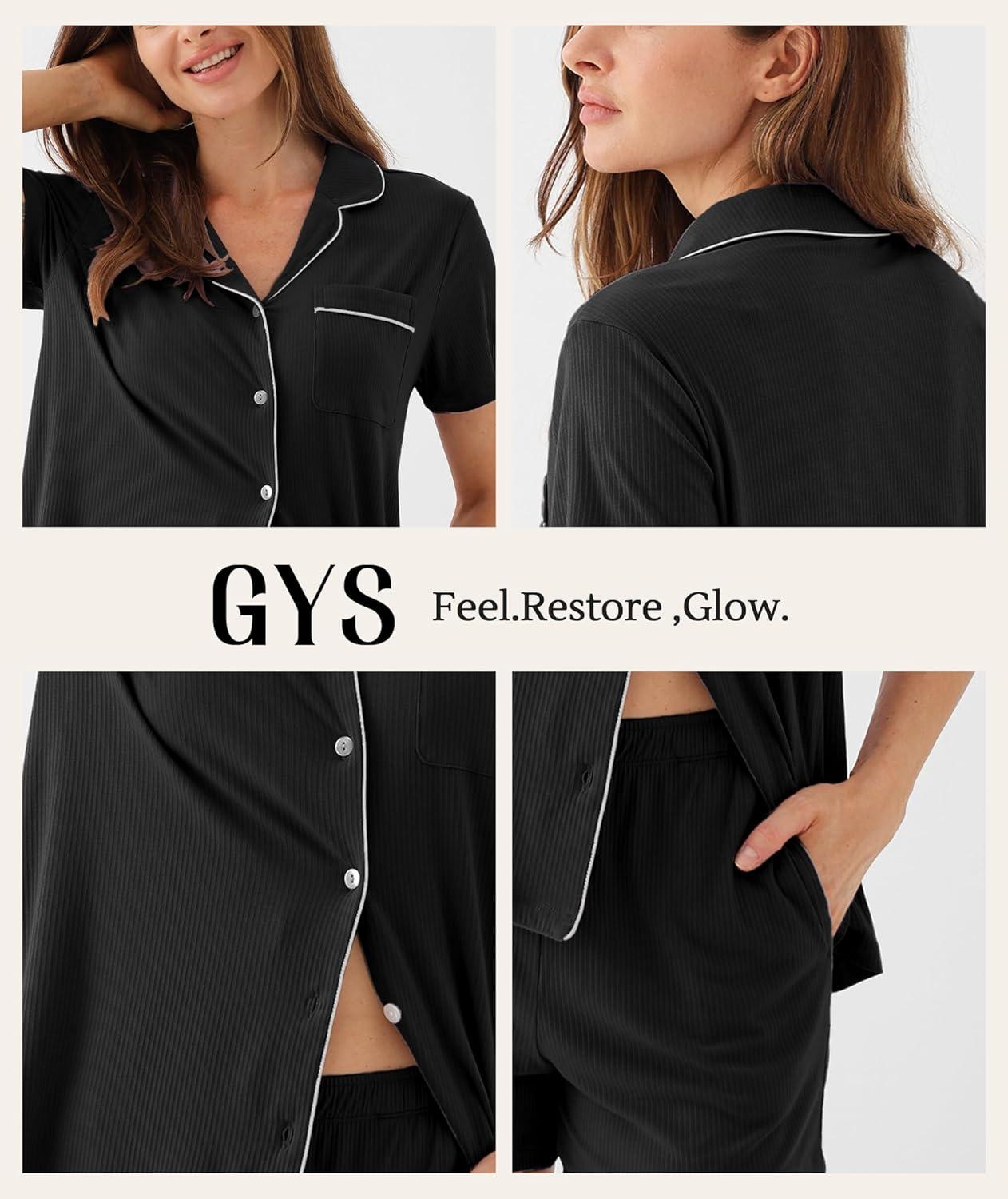 imageGYS Womens Bamboo Viscose Pajama Set Summer Cooling Short Sleeve Button Down PJS SleepwearBlack