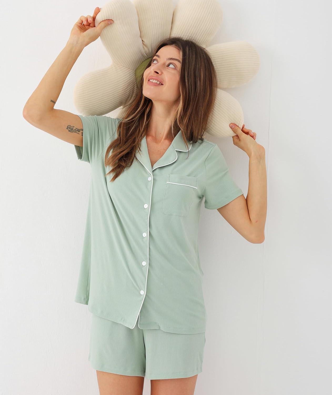 imageGYS Womens Bamboo Viscose Pajama Set Summer Cooling Short Sleeve Button Down PJS Sleepwearpeach
