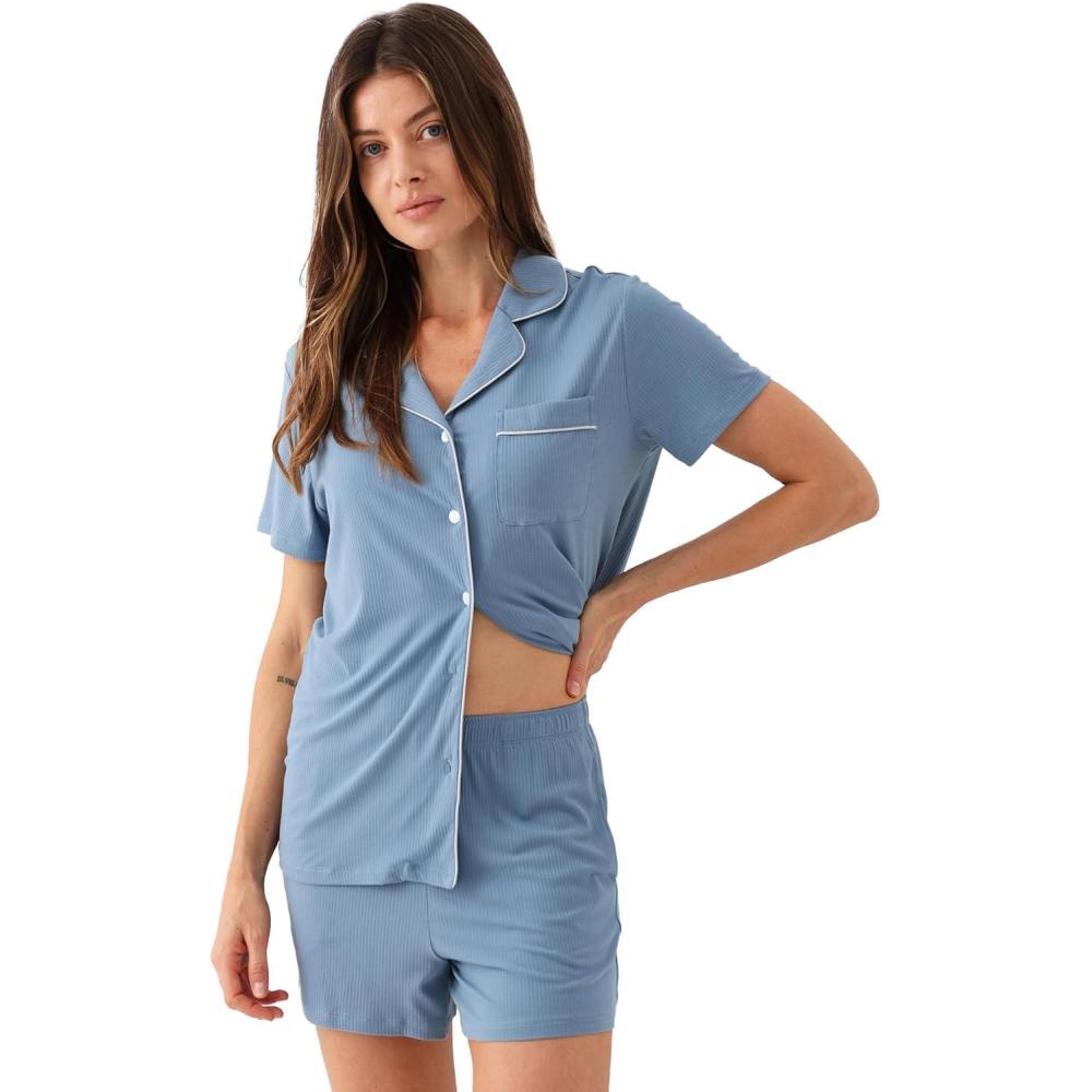 imageGYS Womens Bamboo Viscose Pajama Set Summer Cooling Short Sleeve Button Down PJS SleepwearGrayish Blue