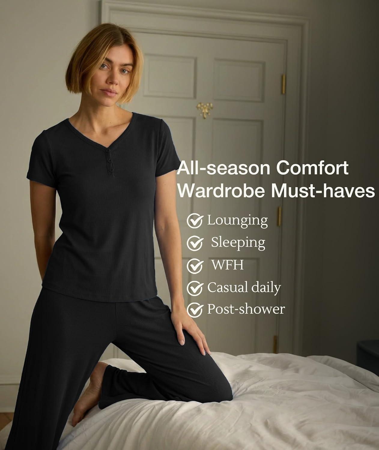 imageGYS Bamboo Viscose Pajamas for Women Set 2 Piece Butterysoft Loungewear Pjs Set Comfy VNeck Tshirt and Pants OutfitsBlack