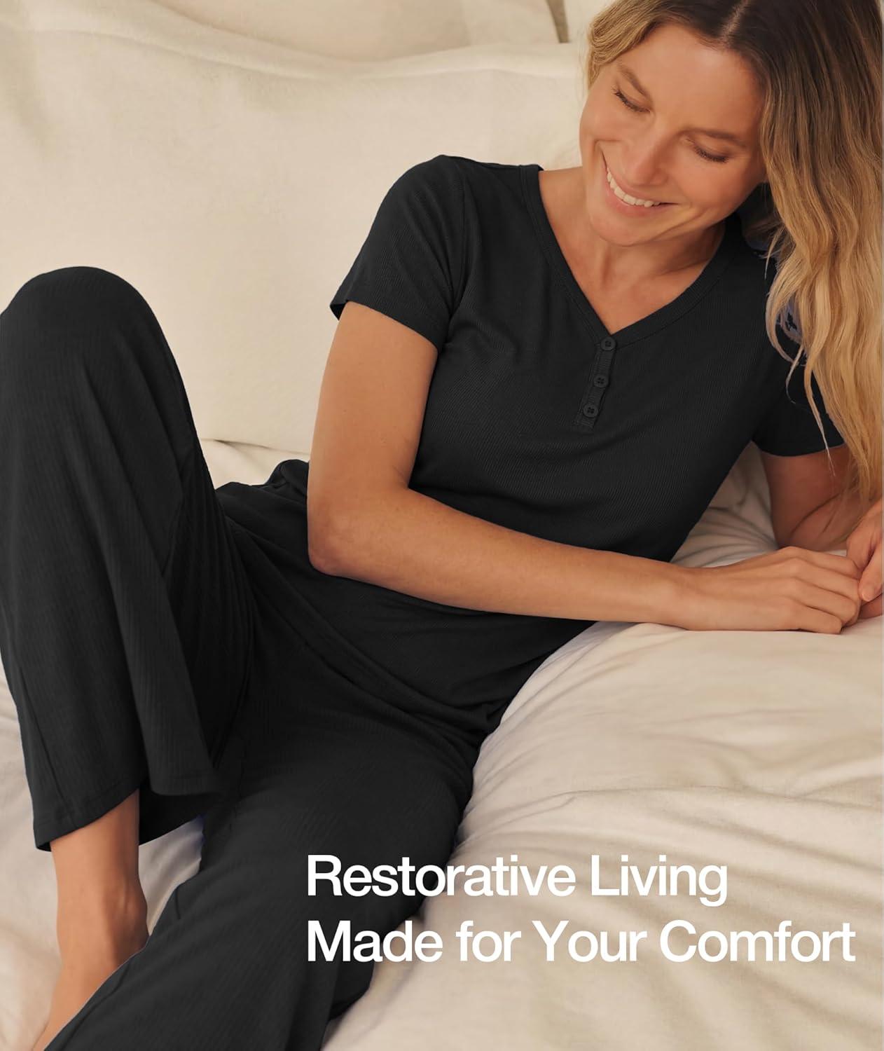 imageGYS Bamboo Viscose Pajamas for Women Set 2 Piece Butterysoft Loungewear Pjs Set Comfy VNeck Tshirt and Pants OutfitsBlack