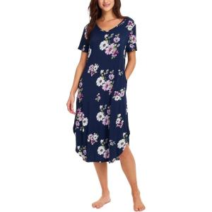 GYS Bamboo Viscose Nightgowns for Women Short Sleeve V Neck Night Shirts with Pockets(Navy Floral)