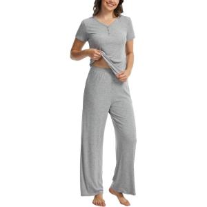 GYS Bamboo Viscose Pajamas for Women Set, 2 Piece Buttery-soft Loungewear Pjs Set, Comfy V-Neck T-shirt and Pants Outfits(Heather Grey)