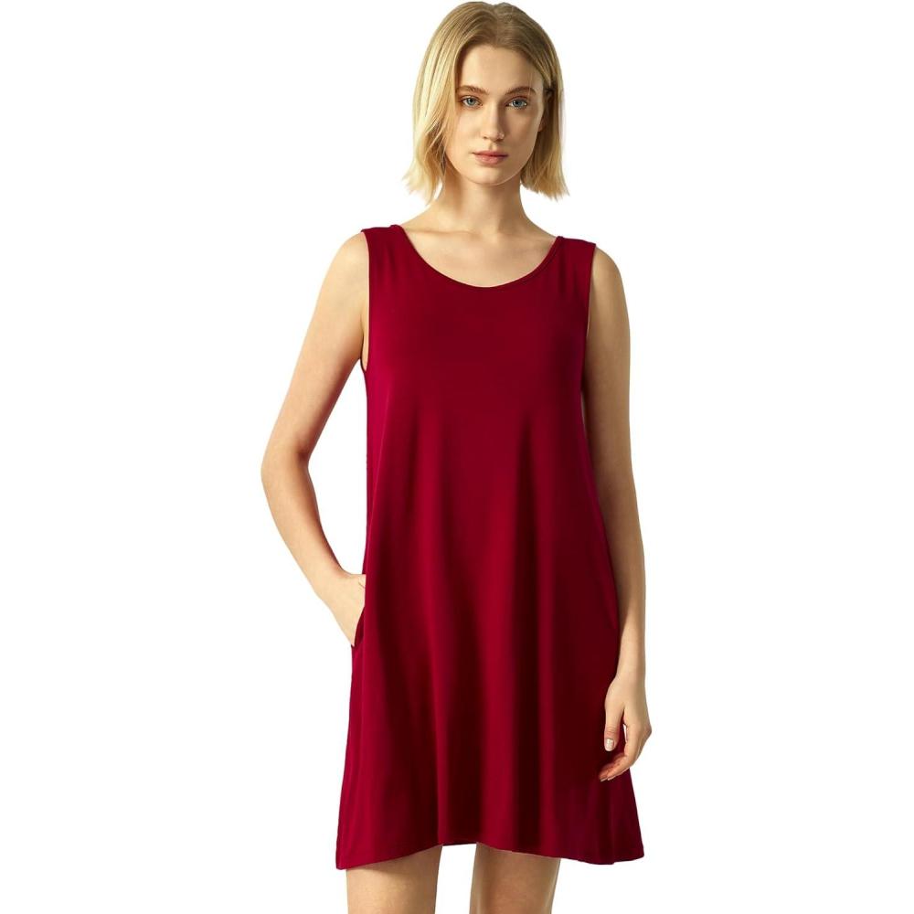 imageGYS Bamboo Viscose Nightgown for Women Cooling Summer Tank Nightshirt Soft Sleeveless Sleep Dress with PocketsCrew Neckwine Red