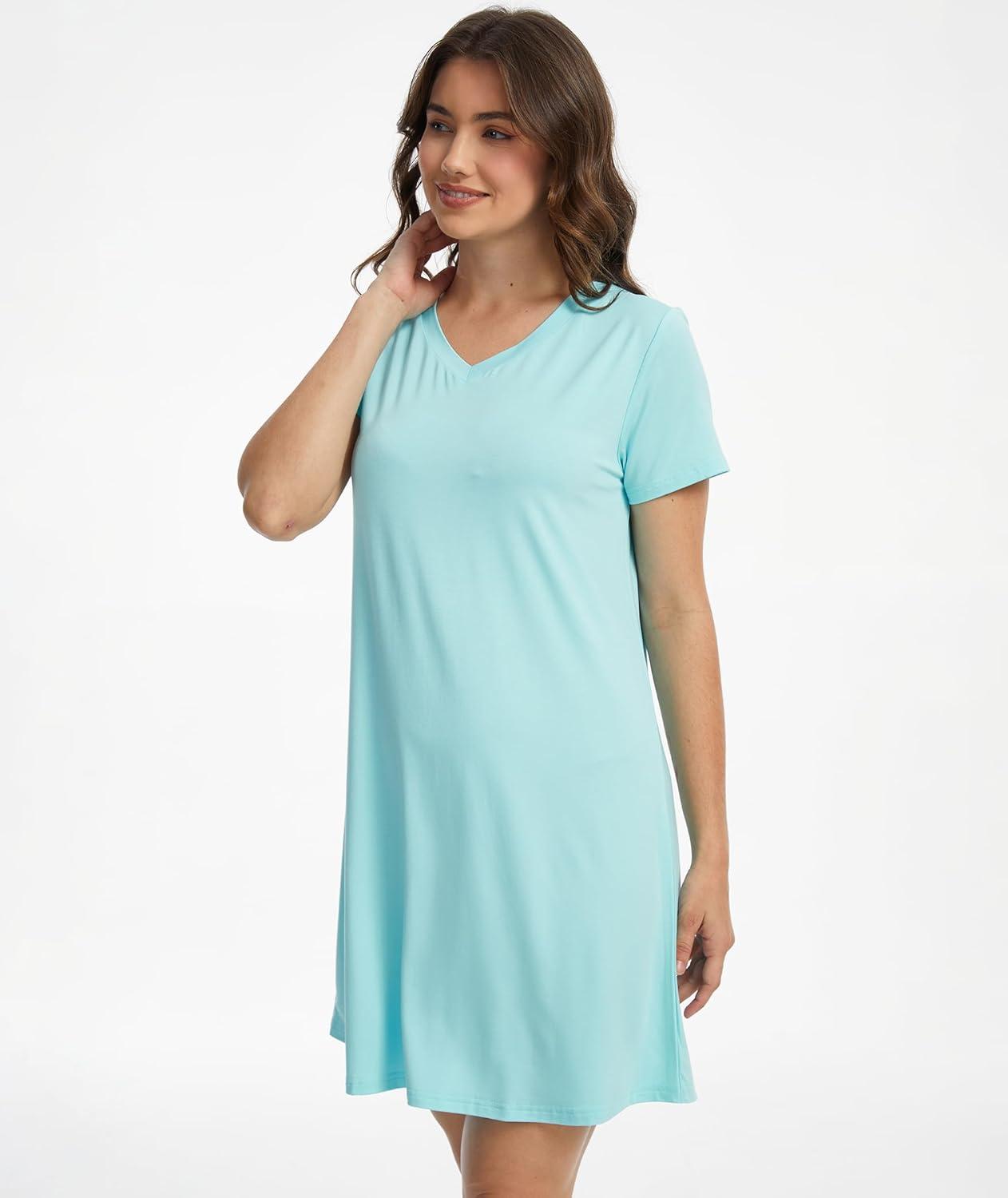 imageGYS Womens Bamboo Viscose Nightgown Soft Short Sleeve Sleep Shirts Cooling Summer Sleepwear DressAqua