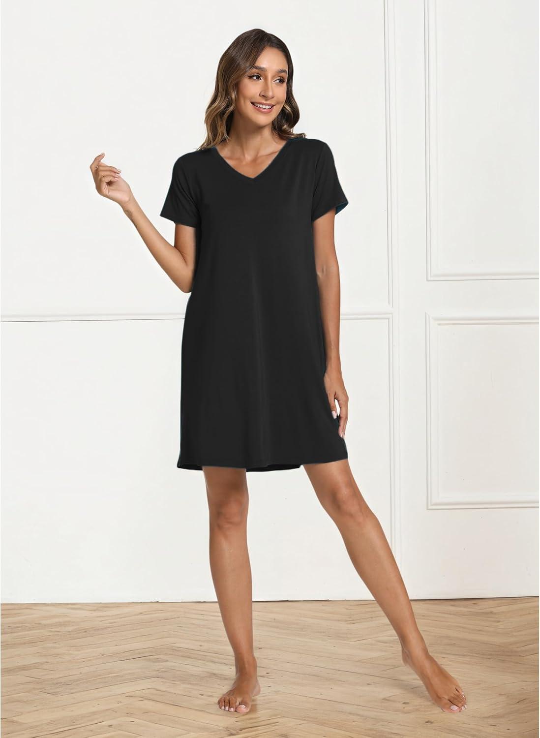 imageGYS Womens Bamboo Viscose Nightgown Soft Short Sleeve Sleep Shirts Cooling Summer Sleepwear DressBlack