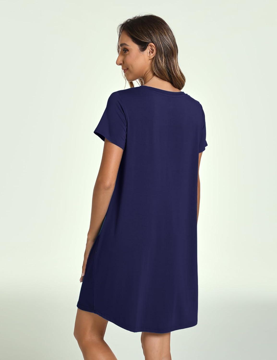 imageGYS Womens Bamboo Viscose Nightgown Soft Short Sleeve Sleep Shirts Cooling Summer Sleepwear DressNavy