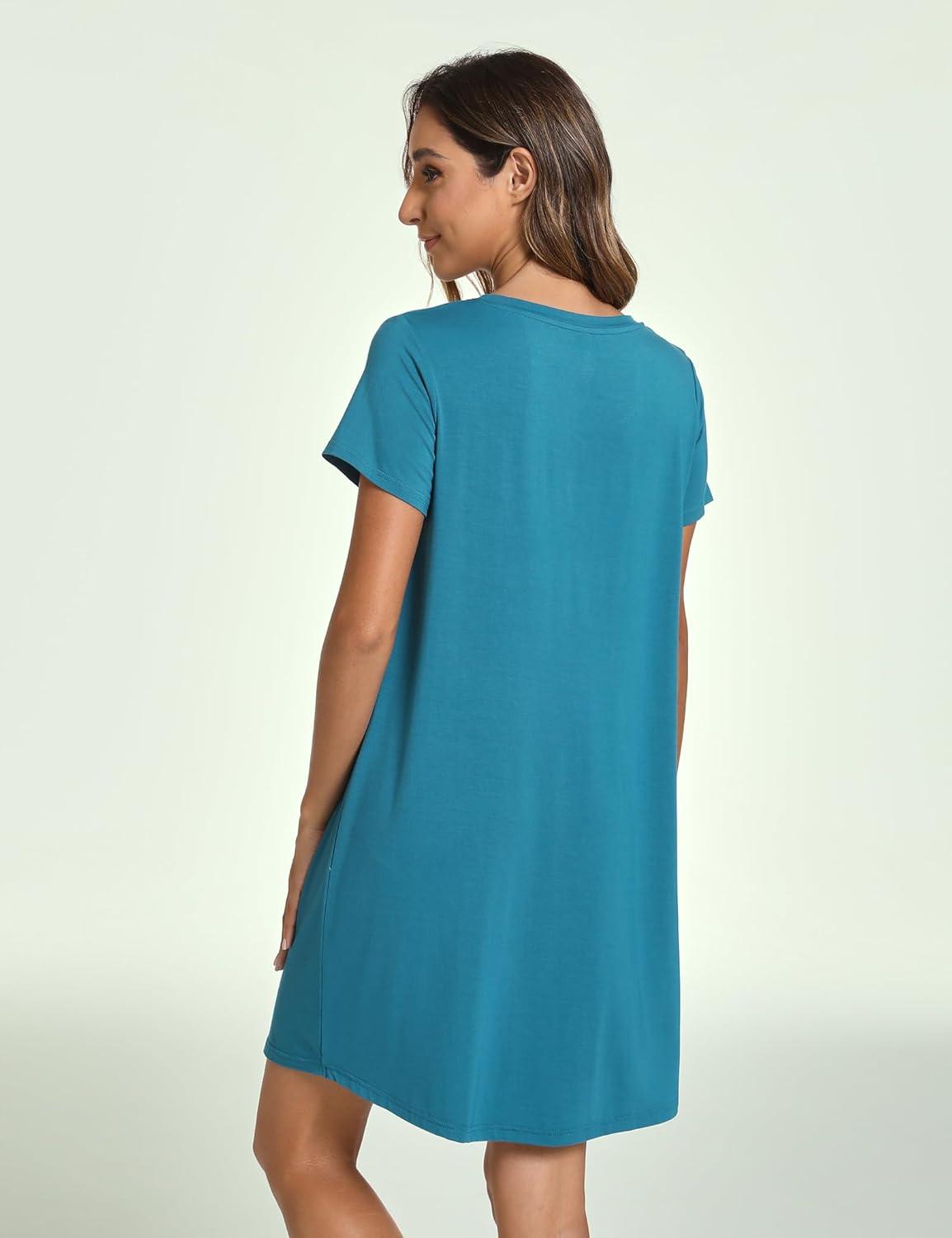 imageGYS Womens Bamboo Viscose Nightgown Soft Short Sleeve Sleep Shirts Cooling Summer Sleepwear DressTeal Blue