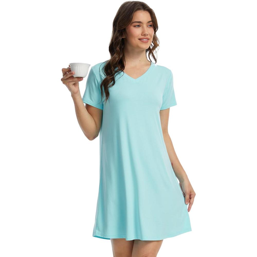 imageGYS Womens Bamboo Viscose Nightgown Soft Short Sleeve Sleep Shirts Cooling Summer Sleepwear DressAqua