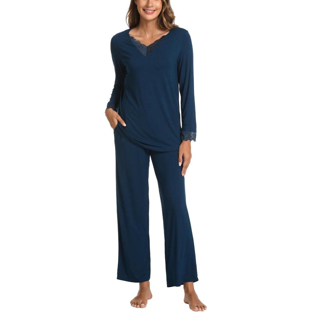 imageGYS Womens Bamboo Viscose Pajama Set Long Sleeve Lace Trim Sleepwear with PocketsAink Blue