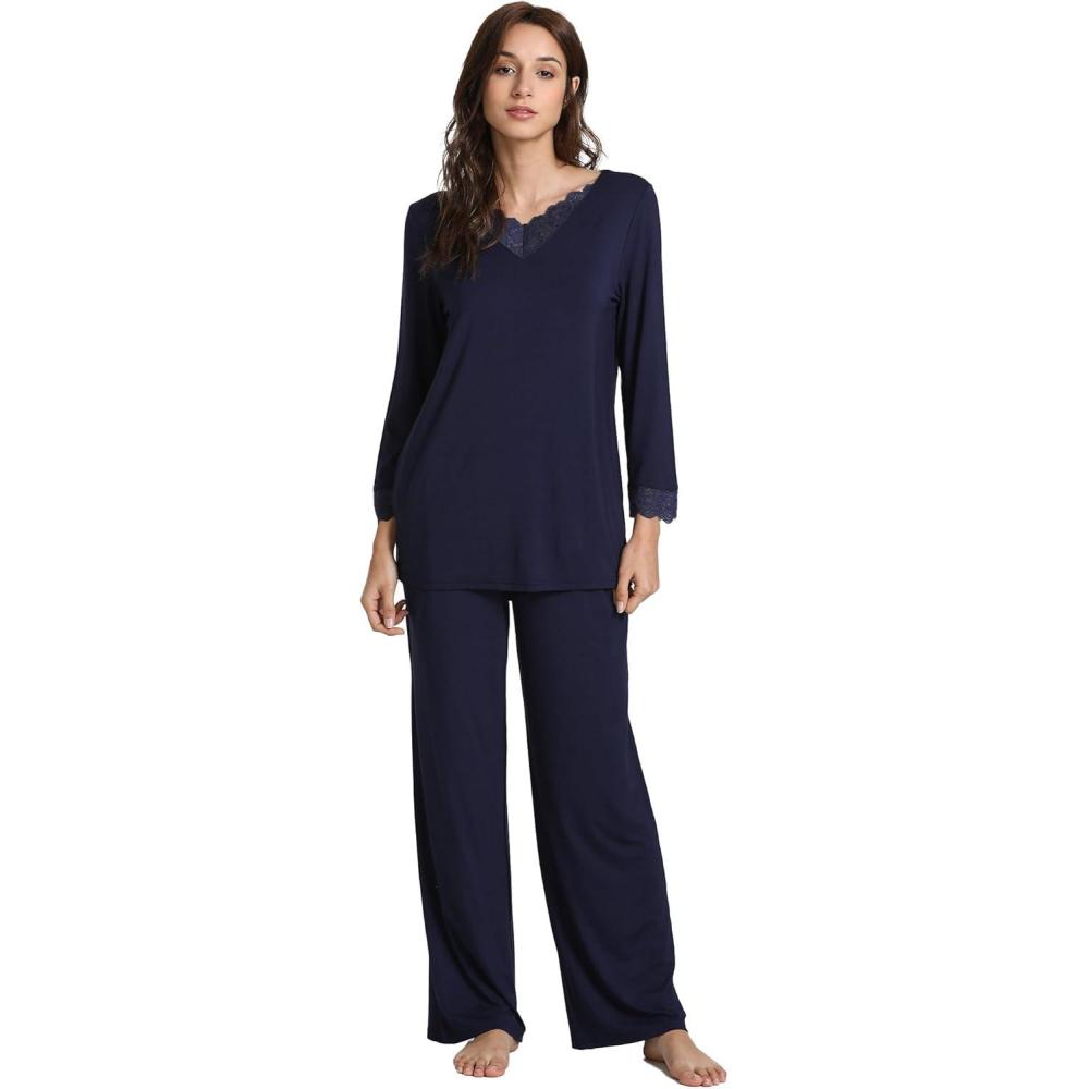 imageGYS Womens Bamboo Viscose Pajama Set Long Sleeve Lace Trim Sleepwear with PocketsAnavy