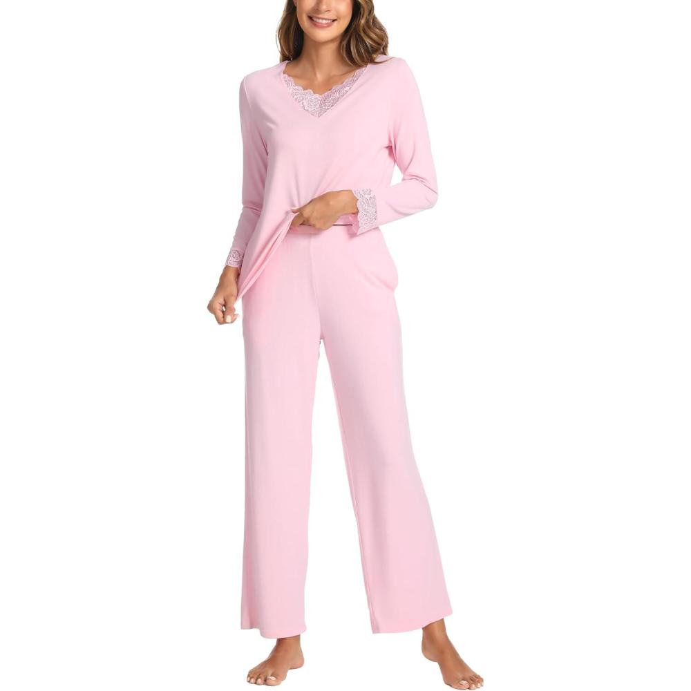imageGYS Womens Bamboo Viscose Pajama Set Long Sleeve Lace Trim Sleepwear with PocketsApink