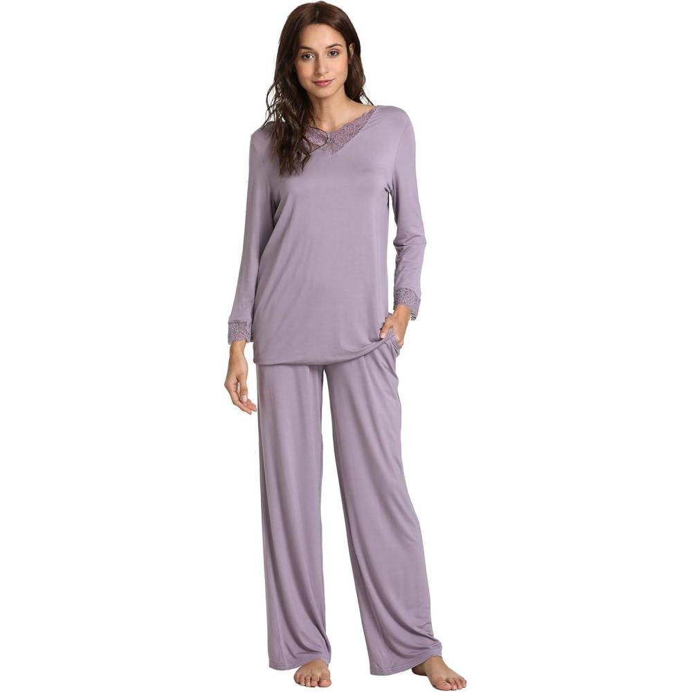 imageGYS Womens Bamboo Viscose Pajama Set Long Sleeve Lace Trim Sleepwear with PocketsAviolet
