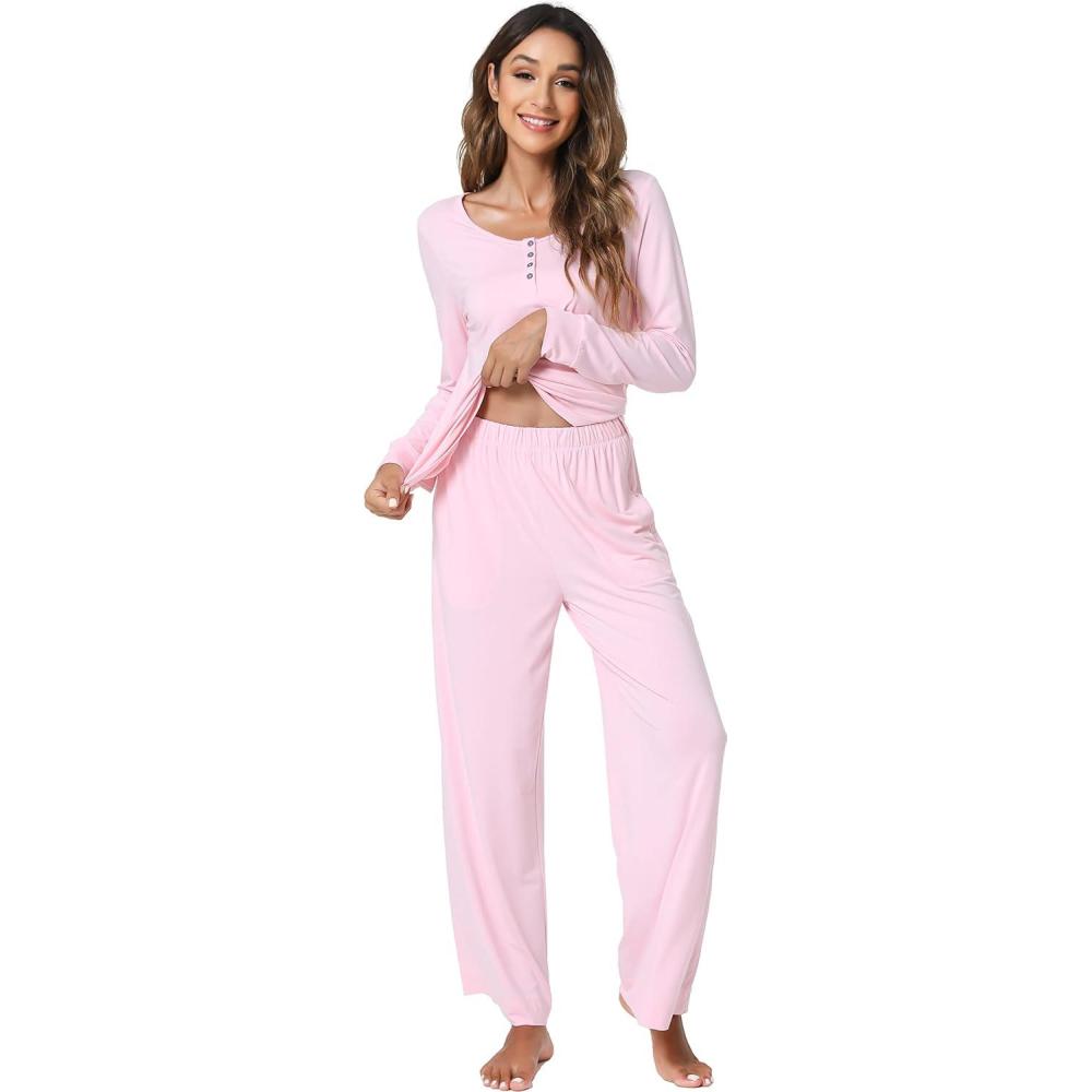 imageGYS Womens Bamboo Viscose Pajama Set Long Sleeve Lace Trim Sleepwear with PocketsB Pink