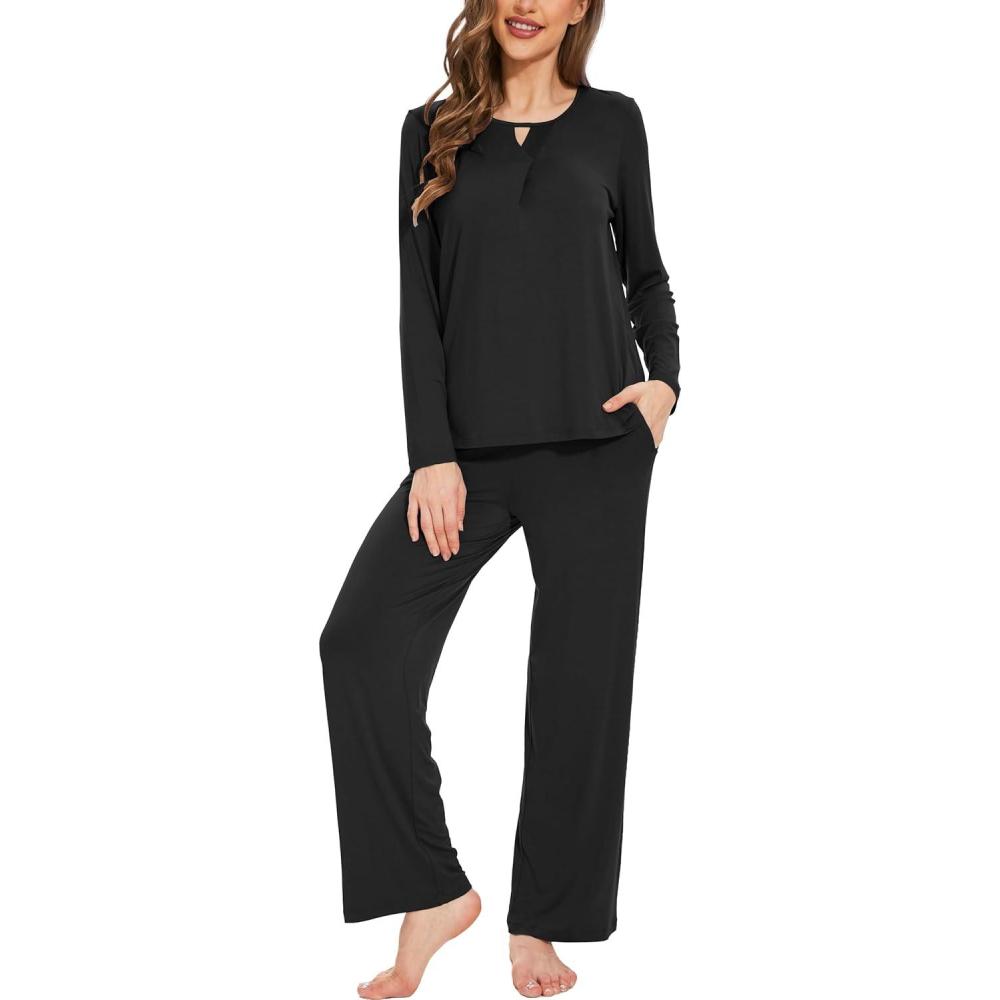 imageGYS Womens Bamboo Viscose Pajama Set Long Sleeve Lace Trim Sleepwear with PocketsC  Black