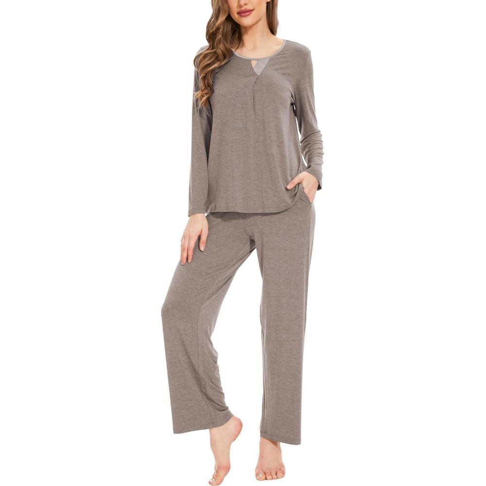 imageGYS Womens Bamboo Viscose Pajama Set Long Sleeve Lace Trim Sleepwear with PocketsC  Camel