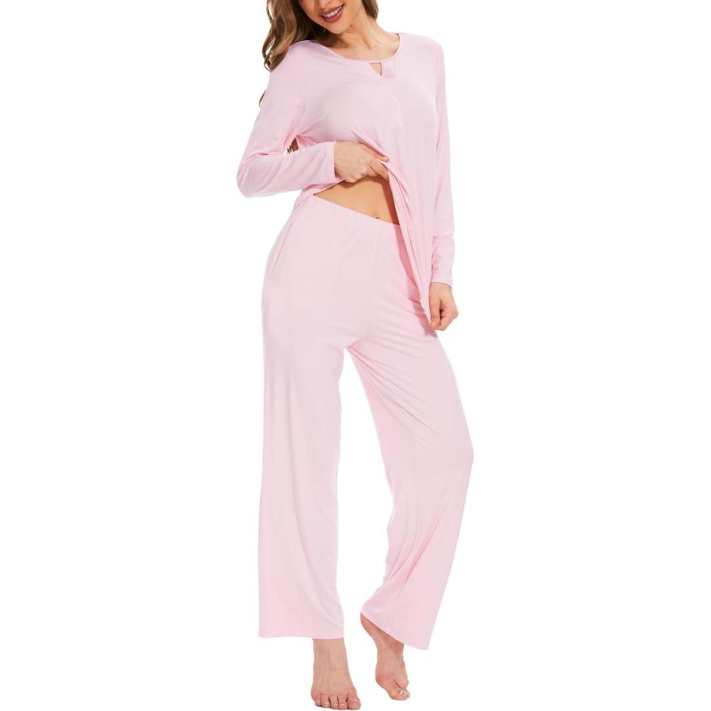 imageGYS Womens Bamboo Viscose Pajama Set Long Sleeve Lace Trim Sleepwear with PocketsC  Pink