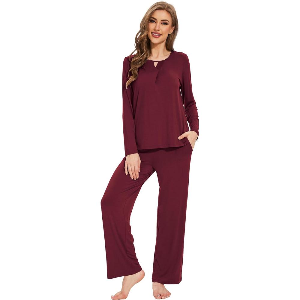 imageGYS Womens Bamboo Viscose Pajama Set Long Sleeve Lace Trim Sleepwear with PocketsC  Wine