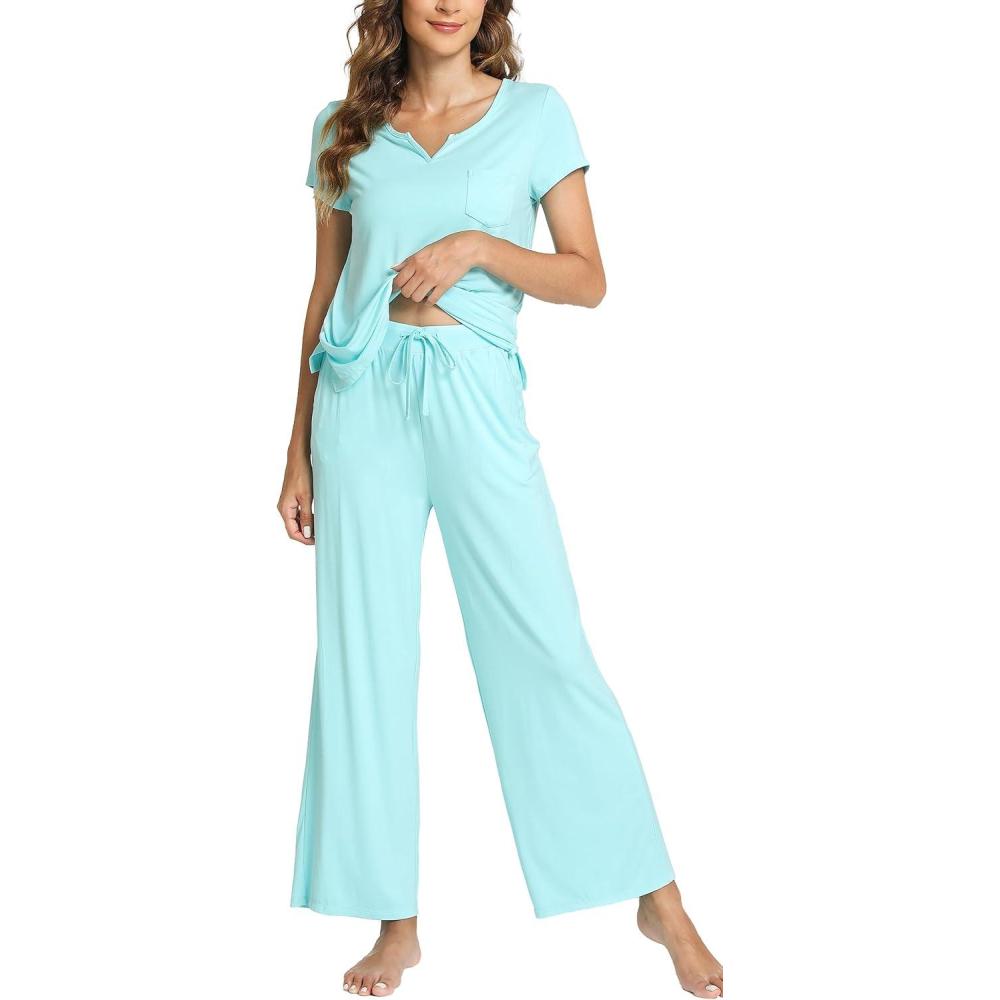 imageLazyCozy Womens Bamboo Viscose Pajama Set Short Sleeve and Long Pants for Cooling Comfortable Sleep and LoungeAqua