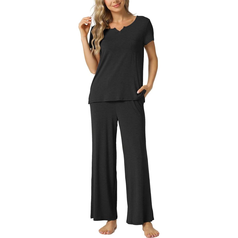 imageLazyCozy Womens Bamboo Viscose Pajama Set Short Sleeve and Long Pants for Cooling Comfortable Sleep and LoungeBlack