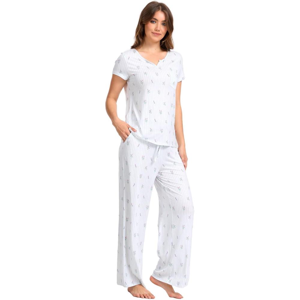 imageLazyCozy Womens Bamboo Viscose Pajama Set Short Sleeve and Long Pants for Cooling Comfortable Sleep and LoungeBlue Stripe