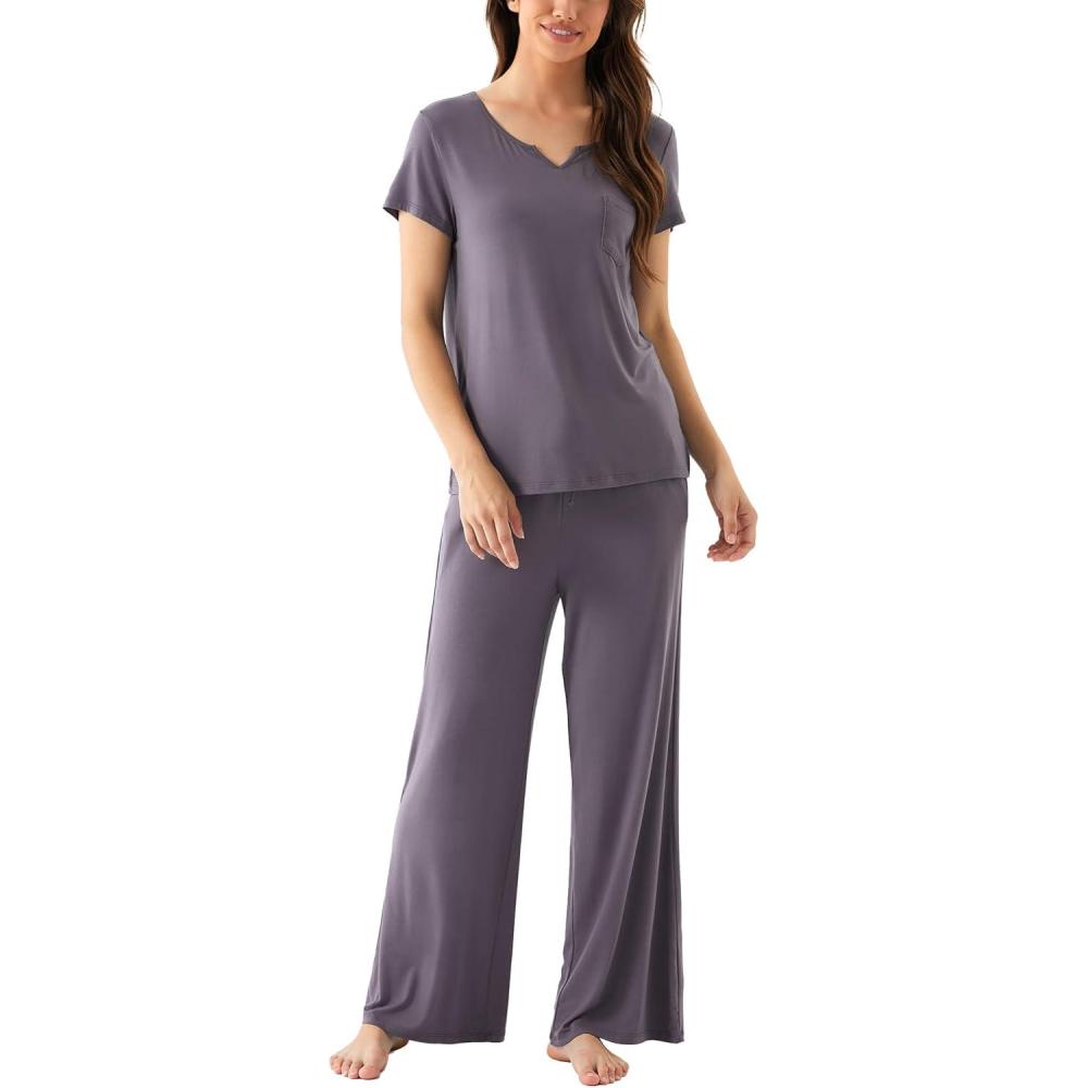 imageLazyCozy Womens Bamboo Viscose Pajama Set Short Sleeve and Long Pants for Cooling Comfortable Sleep and LoungeDark Grey