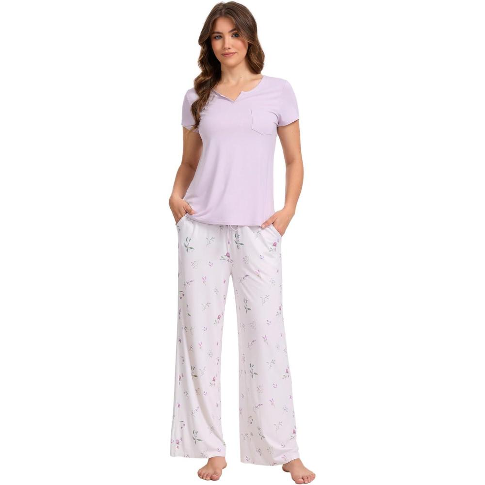 imageLazyCozy Womens Bamboo Viscose Pajama Set Short Sleeve and Long Pants for Cooling Comfortable Sleep and LoungeMauve Ditsy Floral