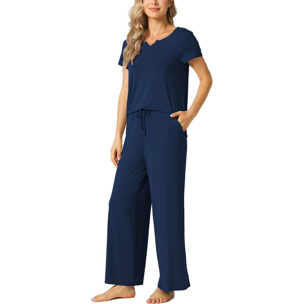 imageLazyCozy Womens Bamboo Viscose Pajama Set Short Sleeve and Long Pants for Cooling Comfortable Sleep and LoungeNavy