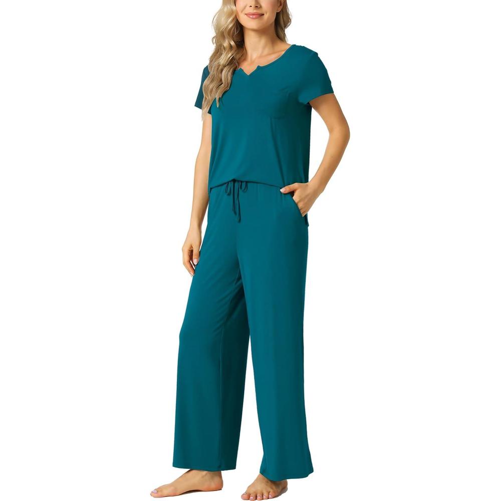 imageLazyCozy Womens Bamboo Viscose Pajama Set Short Sleeve and Long Pants for Cooling Comfortable Sleep and LoungeTeal Blue