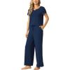 LazyCozy Women’s Bamboo Viscose Pajama Set – Short Sleeve and Long Pants for Cooling, Comfortable Sleep and Lounge(Navy)