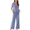 LazyCozy Women’s Bamboo Viscose Pajama Set – Short Sleeve and Long Pants for Cooling, Comfortable Sleep and Lounge(Sky Blue)