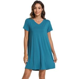 GYS Women’s Bamboo Viscose Nightgown Soft Short Sleeve Sleep Shirts Cooling Summer Sleepwear Dress(Teal Blue)