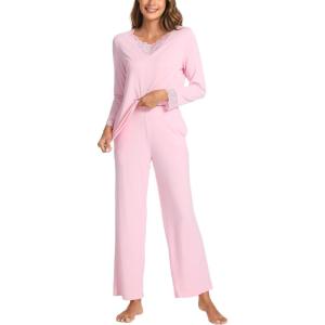 GYS Women’s Bamboo Viscose Pajama Set Long Sleeve Lace Trim Sleepwear with Pockets(A-pink)