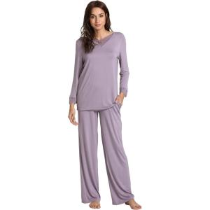 GYS Women’s Bamboo Viscose Pajama Set Long Sleeve Lace Trim Sleepwear with Pockets(A-violet)