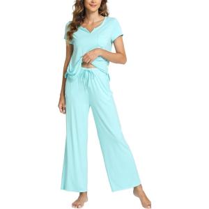 LazyCozy Women’s Bamboo Viscose Pajama Set – Short Sleeve and Long Pants for Cooling, Comfortable Sleep and Lounge(Aqua)