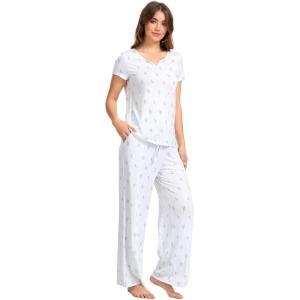 LazyCozy Women’s Bamboo Viscose Pajama Set – Short Sleeve and Long Pants for Cooling, Comfortable Sleep and Lounge(Blue Stripe)