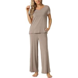 LazyCozy Women’s Bamboo Viscose Pajama Set – Short Sleeve and Long Pants for Cooling, Comfortable Sleep and Lounge(Camel)